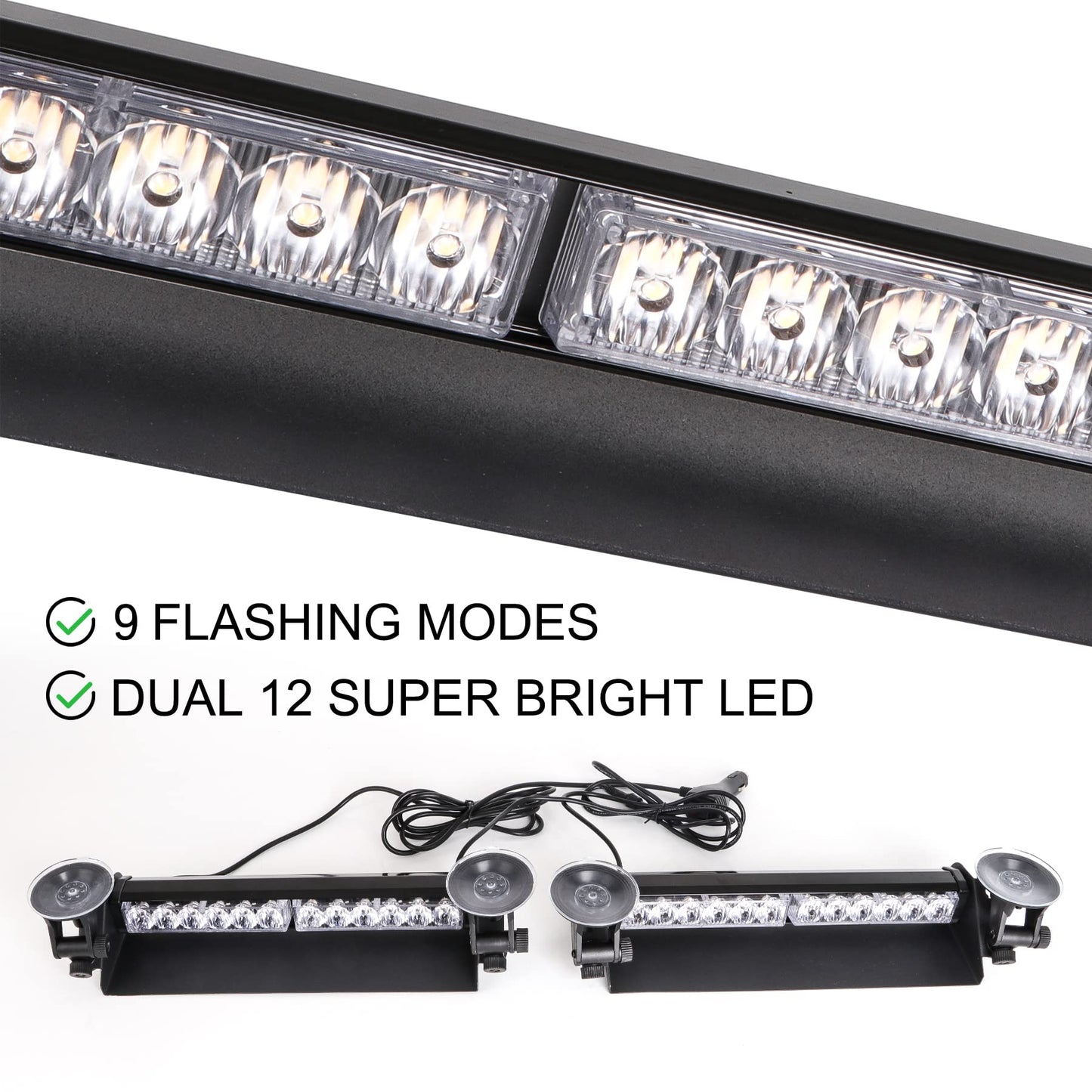 SMALLFATW Split Strobe Light Bar Dual 12 LED 16" 9 Flashing Modes, Four-Way Adjustable Locking Suction Cup, Visor Dash Windshield Warning Emergency Light for Car Truck Vehicles, Red&Blue 2PCS