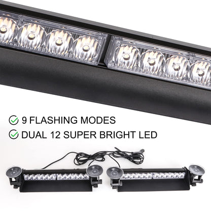 SMALLFATW Split Strobe Light Bar Dual 12 LED 16" 9 Flashing Modes, Four-Way Adjustable Locking Suction Cup, Visor Dash Windshield Warning Emergency Light for Car Truck Vehicles, Red&Blue 2PCS