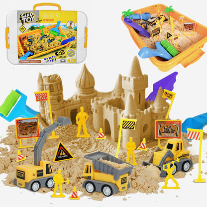 SMILESSKIDDO Construction Sand Play Set - Sensory Bin with 3.3lbs Magic Sand, 3 Construction Vehicles, 4 Worker Figures and 12 Road Signs, Sand Box Toys for Kids