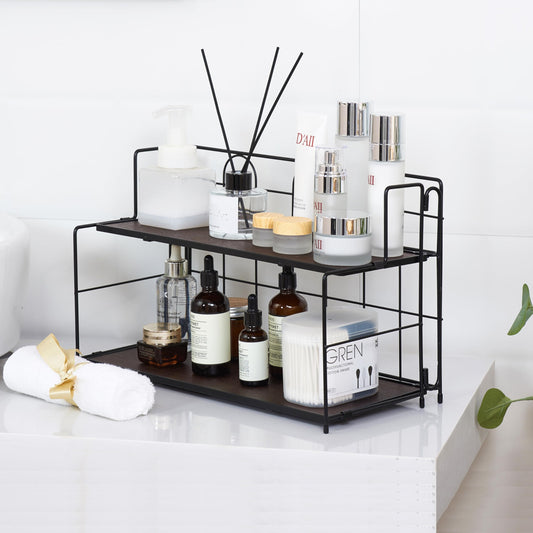Edergoo Bathroom Counter Organizer 10s Tool-Free Install, 2 Tier Bathroom Organizers and Storage, Collapsible Bathroom Organizer Countertop, Wood Bathroom Kitchen Countertop Organizer, Black