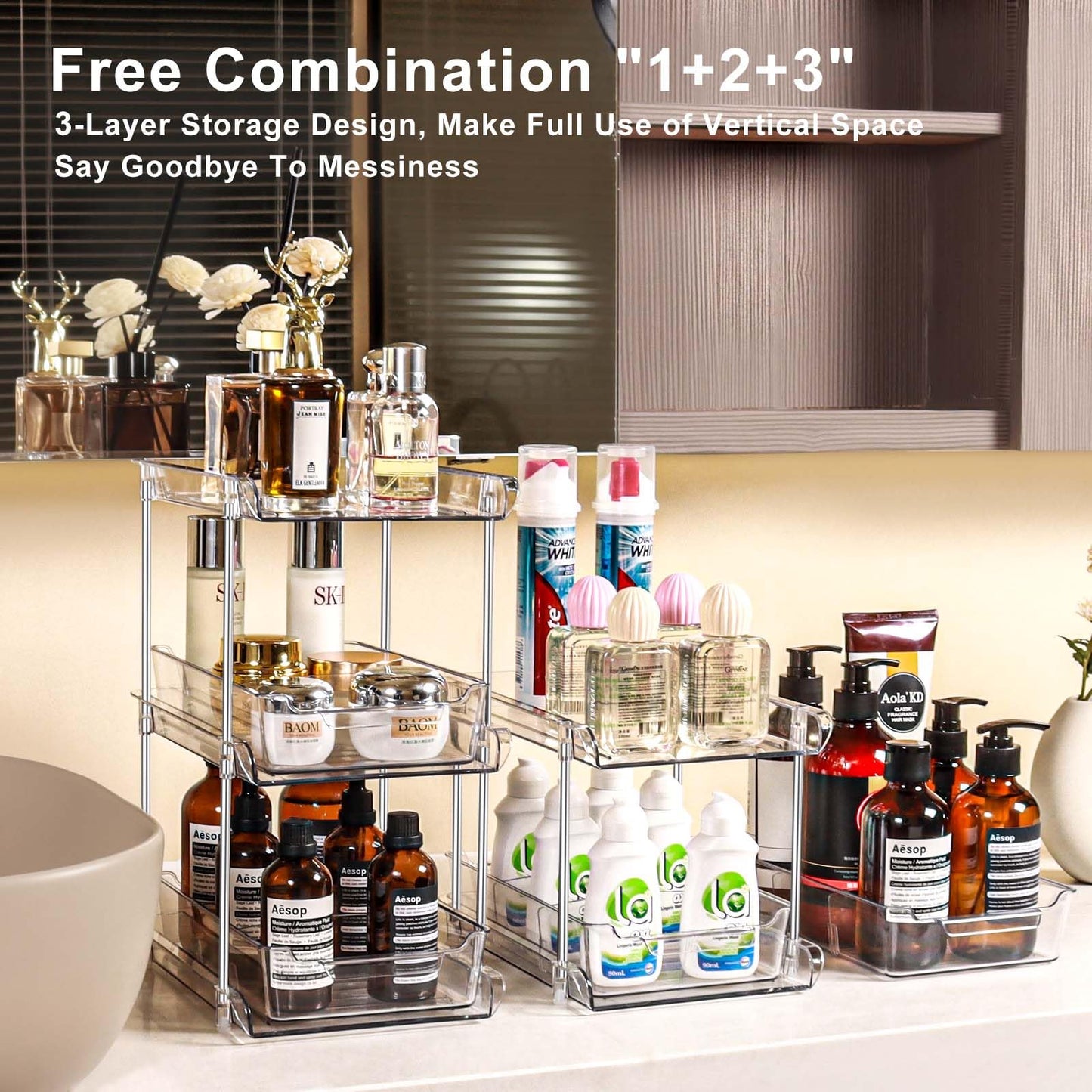 foroyalife 3 Tier 2 Pack Clear Pull-Out Home Organizers with 2pcs Storage Drawers, Multi-Purpose Slide-Out Organizers and Storage, Bathroom Organizer, Kitchen Organizer, Medicine Organizer Cabinet