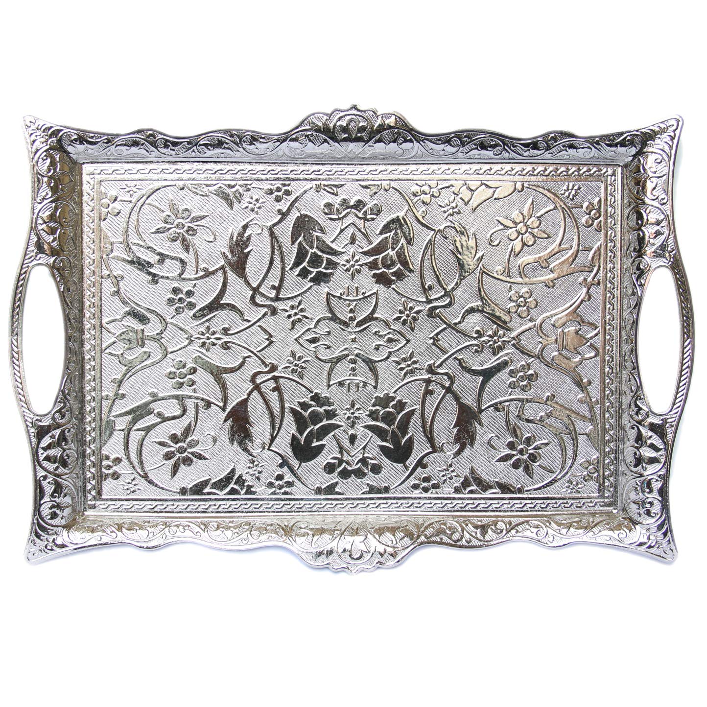 Alisveristime Ottoman Turkish Zamak Serving Tray with Traditional Motifs, Ideal for Coffee and Tea - Six Person Tray (14.5 x 9.85 in) (Silver)