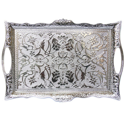 Alisveristime Ottoman Turkish Zamak Serving Tray with Traditional Motifs, Ideal for Coffee and Tea - Six Person Tray (14.5 x 9.85 in) (Silver)