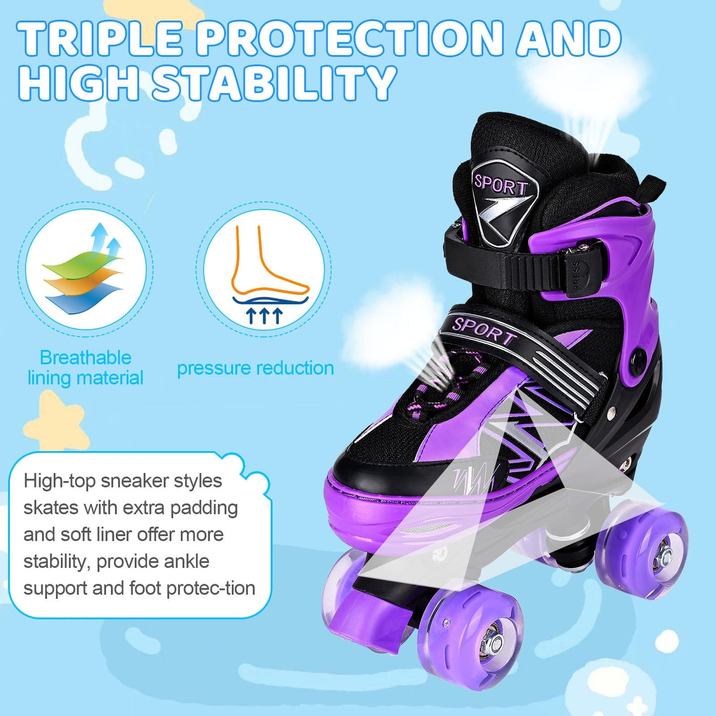 SYXKJ Boys Girls 4 Size Adjustable Kids Roller Skates for Children Toddlers Beginner with All Light Up Wheels, Birthday Gift for Outdoor Indoor Sports (Black Purple, Medium)