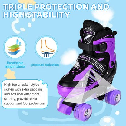 SYXKJ Boys Girls 4 Size Adjustable Kids Roller Skates for Children Toddlers Beginner with All Light Up Wheels, Birthday Gift for Outdoor Indoor Sports (Black Purple, Medium)