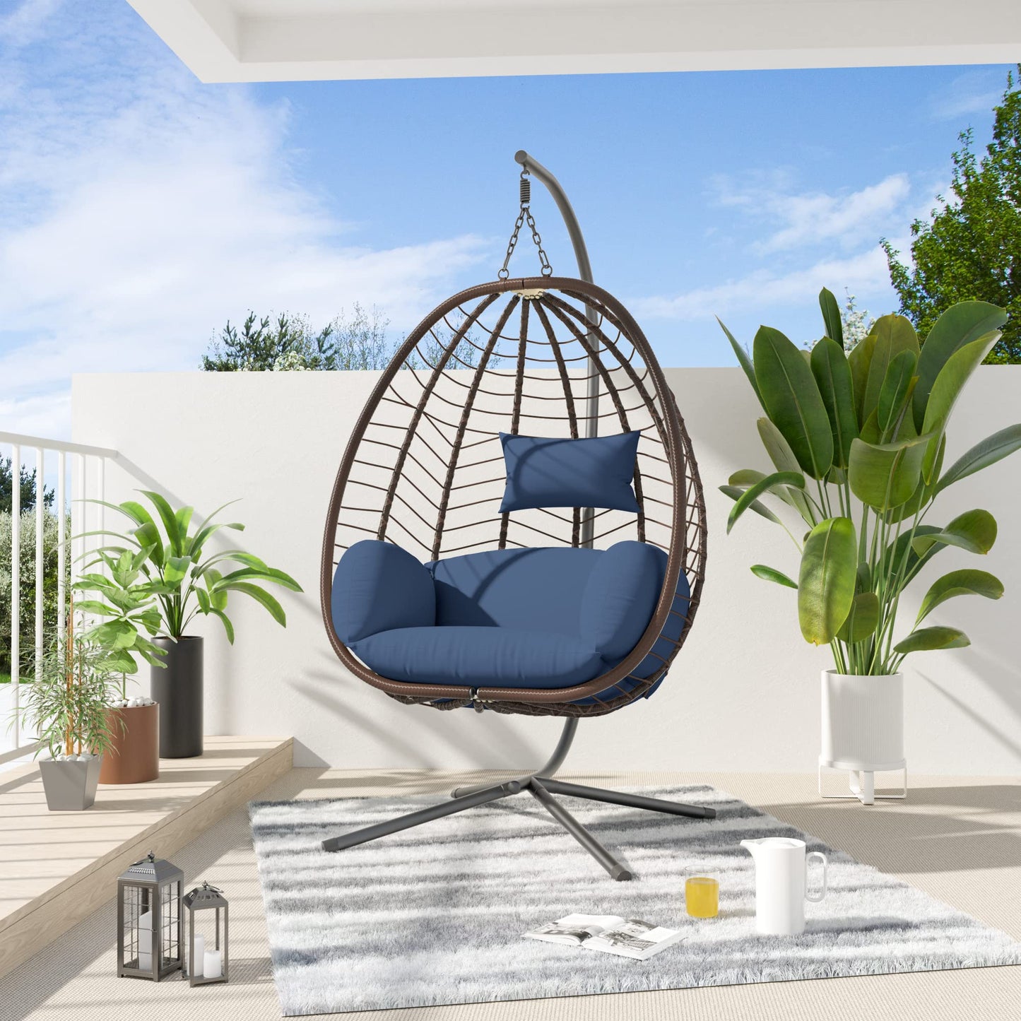 UPDATE: DEAD! ALAULM Egg Swing Chair Outdoor Indoor Wicker Rattan Hanging Chair with Stand 350lbs Capacity w/Strong Frame & UV Resistant Cushions for Patio Balcony Bedroom (Dark Blue)