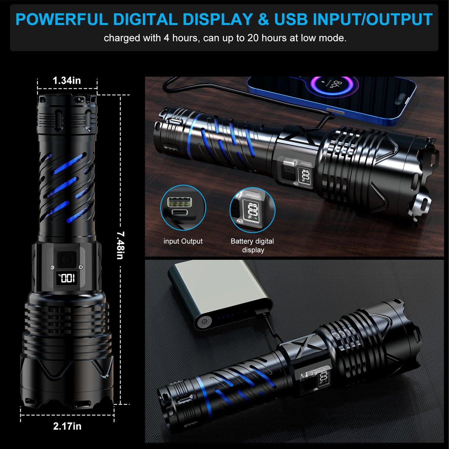 Rechargeable Flashlight, 20000 High Lumens Long Beam Super Bright Powerful Flashlight, 5 Mode, Zoomable, Waterproof, Tactical Flashlight for Camping Hiking