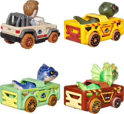 Hot Wheels Toy Cars, RacerVerse 4-Pack of Die-Cast Vehicles Featuring Jurassic World Characters Charlie, Owen, Dilophosaurus & Allosaurus as Drivers