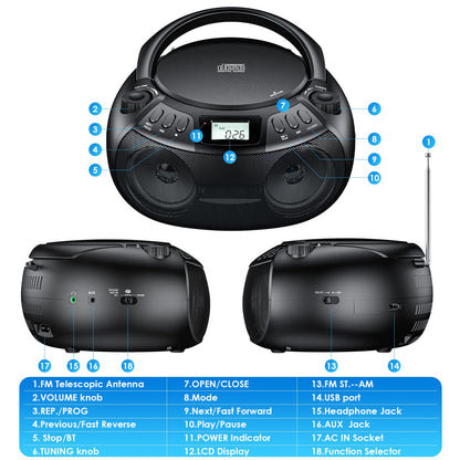 Gueray Portable CD Player Boombox with Bluetooth