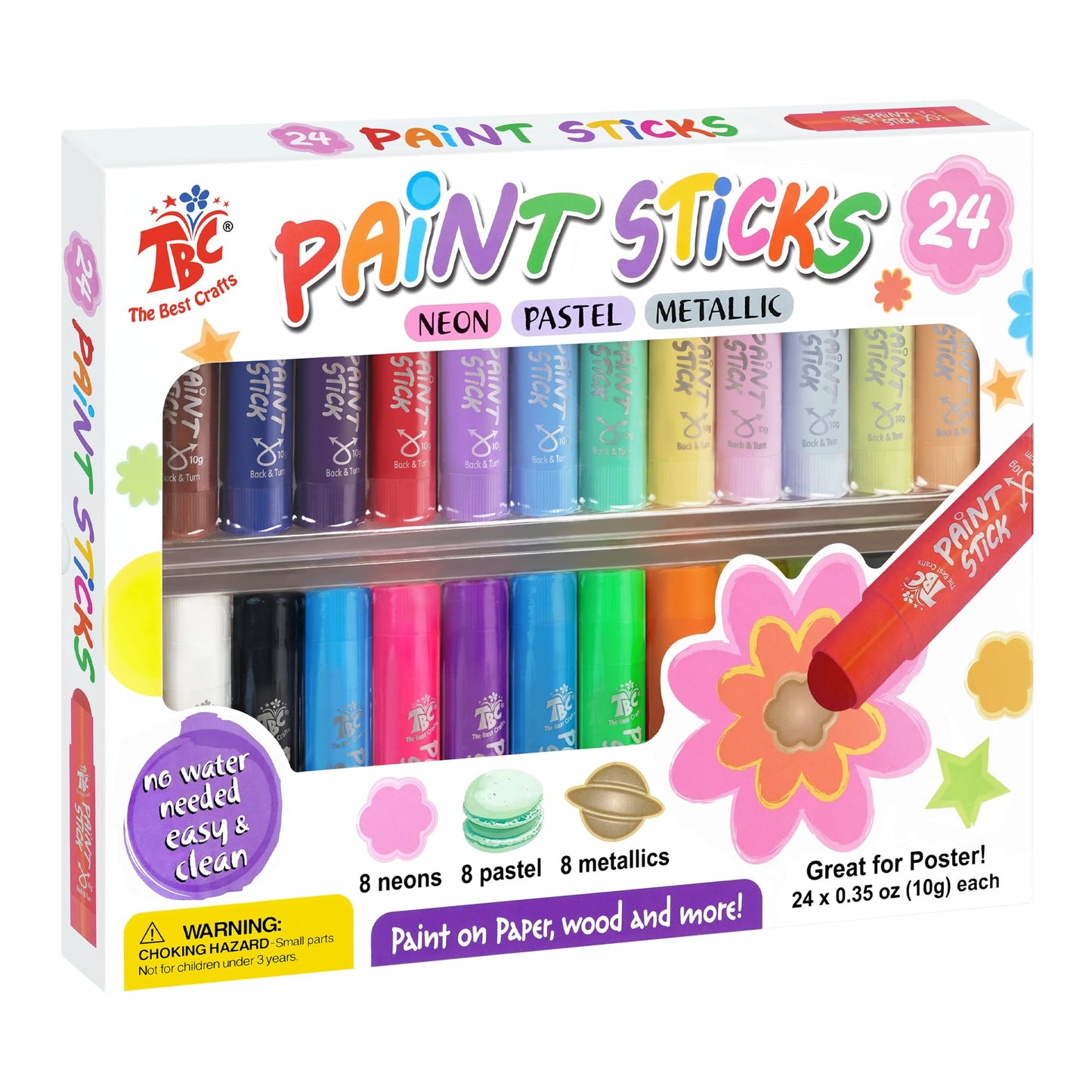 Washable Tempera Paint Sticks, 24 Colors Set