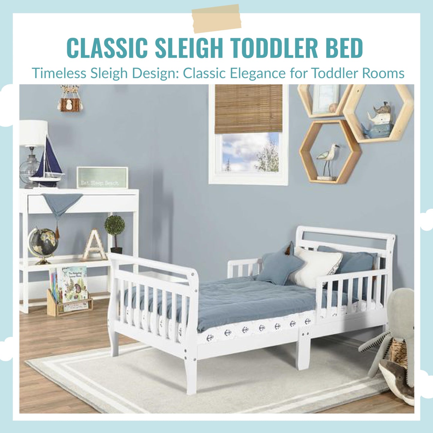 Dream On Me Classic Sleigh Toddler Bed in White, JPMA Certified, Comes with Safety Rails, Non-Toxic Finishes, Low to Floor Design, Wooden Nursery Furniture