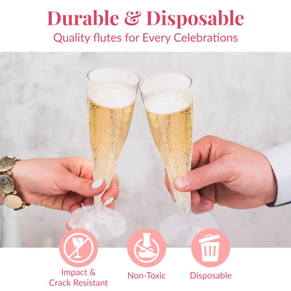 Prestee 100 Plastic Champagne Flutes - Disposable 4.5 oz Champagne Glasses for Weddings, Parties, and Toasting - Elegant Flutes for Mimosas and Cocktails - Clear Plastic Champagne Flutes