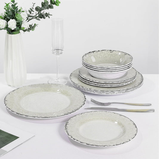 Melamine Dinnerware Sets,12Pcs Kitchen Plates And Bowls Sets, Dish Set For 4, Indoor And Outdoor Use,Dishwasher Safe, Break-Resistant, Classical Flower
