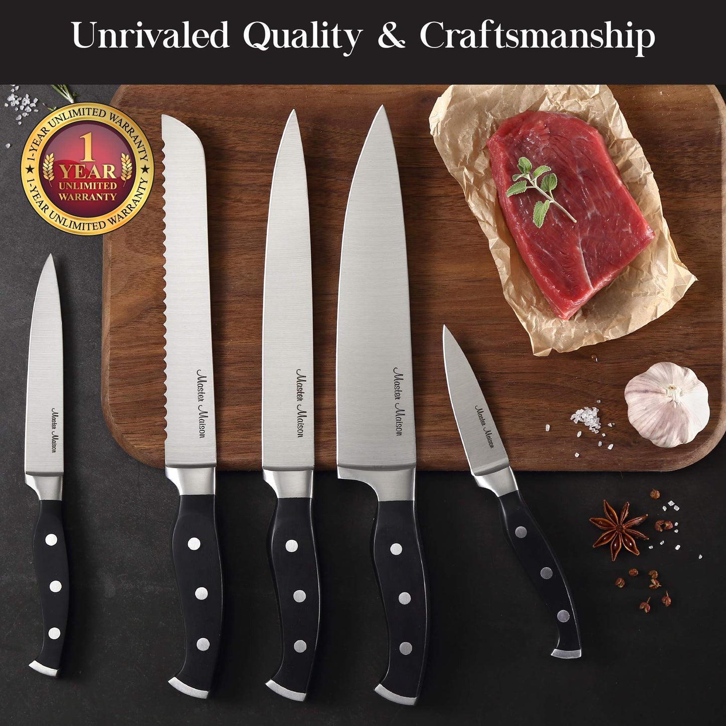 Master Maison 7-Piece Premium Black Kitchen Knife Set with Knife Block & Dual Knife Sharpener German Stainless Steel Knives | Professional Butcher Block Knife Set For Kitchen | Chef Knife Sets