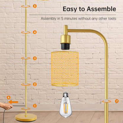 BoostArea Industrial Gold Floor Lamp, 67 Inch LED Standing Lamp with Iron Mesh Lampshade, 6W Brass Stand Up Lamp for Living Room, Bedroom, Office, Den
