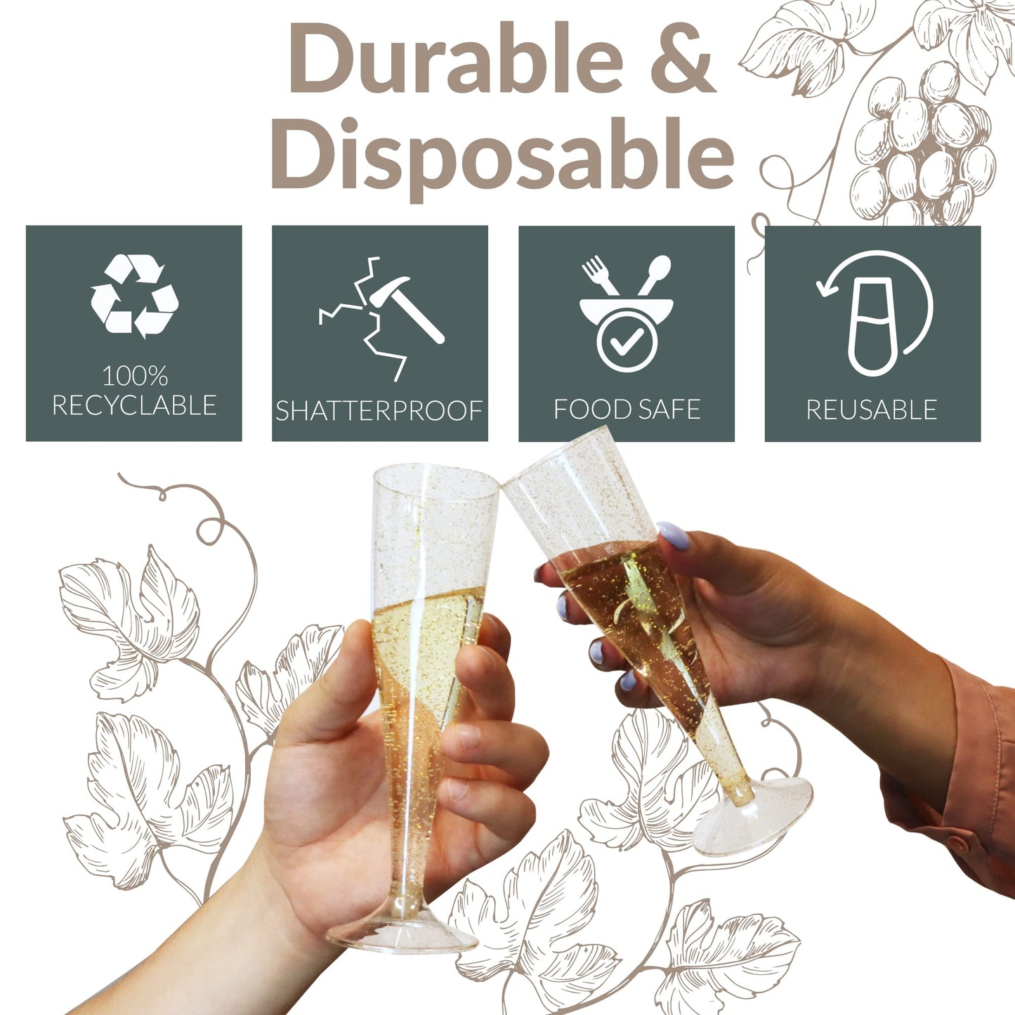 Reli. (100 Bulk Pack Gold Glitter Plastic Champagne Flutes 4.5 Oz | Clear Plastic Champagne Glasses/Flutes | Disposable, BPA-Free, Shatterproof | Perfect for Mimosa, Cocktail, Wedding, Party Toasting
