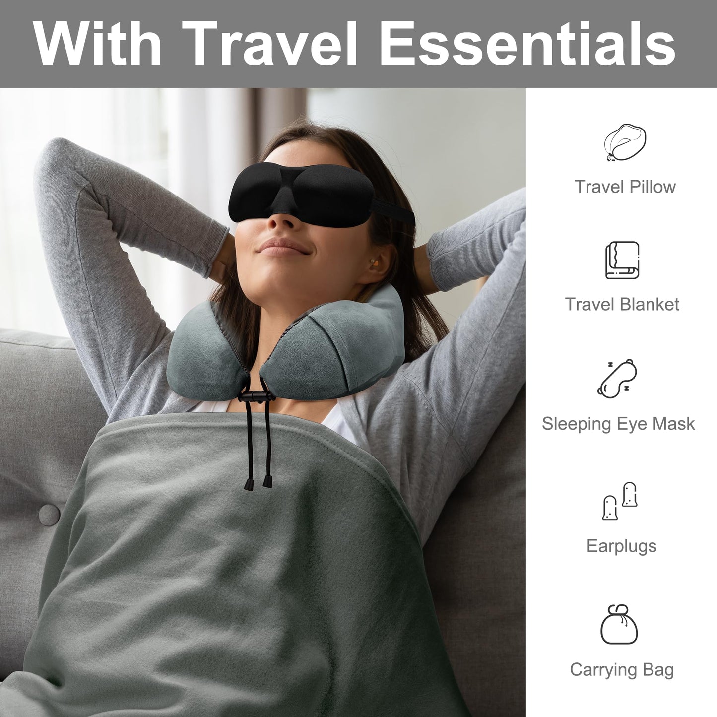 Travel Pillow and Blanket Set with Sleep Mask