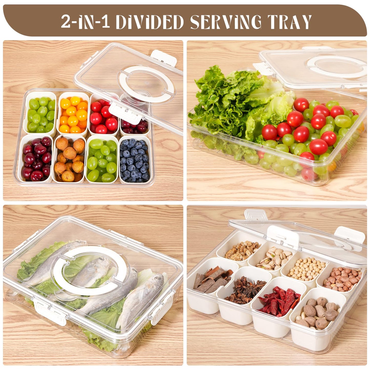 Divided Serving Tray with Lid and Handle, Snackle Box Charcuterie Container Portable for Snack Platters Reusable Clear Organizer 8 Compartments for Candy, Fruits, Nuts Perfect for Party Entertaining