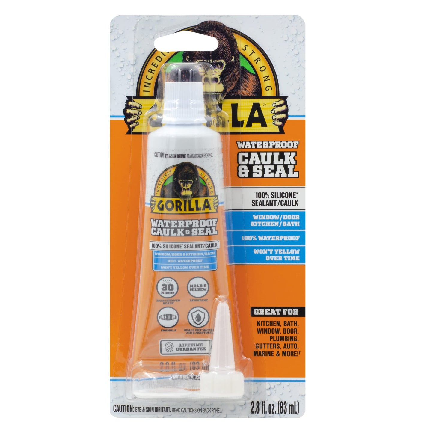 Gorilla Waterproof Caulk & Seal 100% Silicone Sealant, White, 2.8oz Squeeze Tube (Pack of 2)