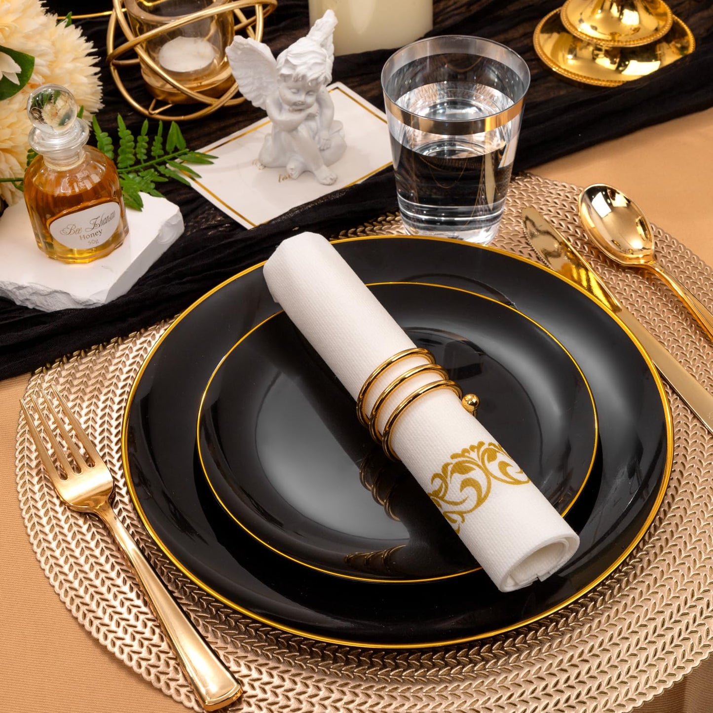 Supernal 350pcs Black & Gold Plastic Dinnerware Set, Elegant Black Plates with Golden Edges, Gold Plastic Silverware, Durable Tableware Perfect for Birthdays, Parties, Wedding, Celebration