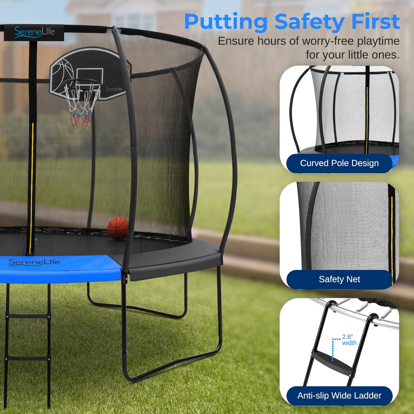 SereneLife 10ft Trampoline for Kids - Outdoor Recreational Backyard Trampoline with Net Enclosure, Basketball Hoop, Curved Safety Poles, UV-Tested Mat, Water-Resistant Padding, Up to 330 lbs.