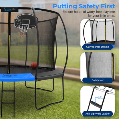 SereneLife 10ft Trampoline for Kids - Outdoor Recreational Backyard Trampoline with Net Enclosure, Basketball Hoop, Curved Safety Poles, UV-Tested Mat, Water-Resistant Padding, Up to 330 lbs.