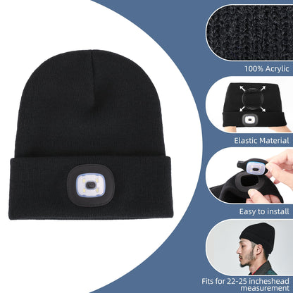 YMHB Unisex Beanie Hat with Light, USB Rechargeable LED Headlamp Hat Night Light Cap Christmas Stocking Stuffers Gifts for Men Dad Father Husband (Black)