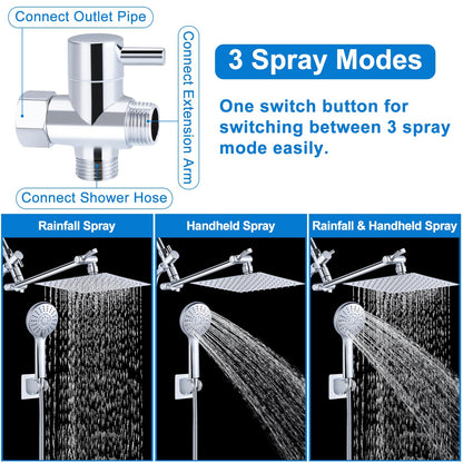 Qomolangma Dual Shower Heads with Handheld Spray Combo, 8 Inch High Pressure Rainfall Shower Head with 11" Extension Arm, 5 Settings Powerful Handheld Spray with 60" Long Hose & Holder