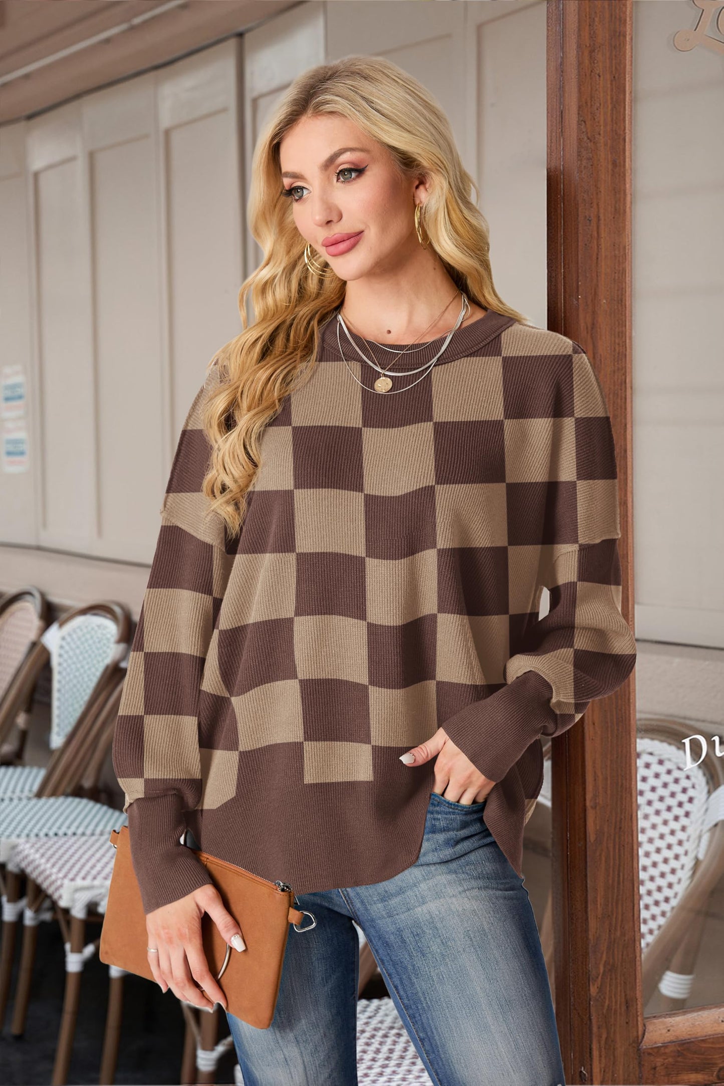 Women's Fall Fashion 2024 Casual Long Sleeve Crew Neck Side Slit Oversized Ribbed Knit Pullover Sweater Tops