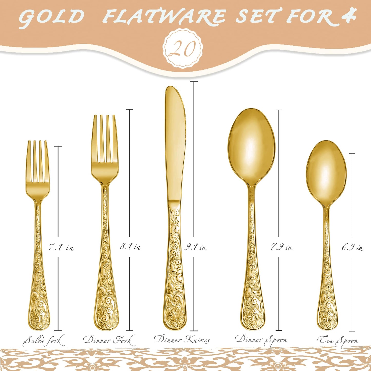 Runfly Vintage Carved Gold Stainless Steel 20 Pieces Flatware Set, Golden Silverware Set, Modern Embossed Cutlery Set Utensils Including Fork Spoon and Knife