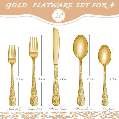 Runfly Vintage Carved Gold Stainless Steel 20 Pieces Flatware Set, Golden Silverware Set, Modern Embossed Cutlery Set Utensils Including Fork Spoon and Knife