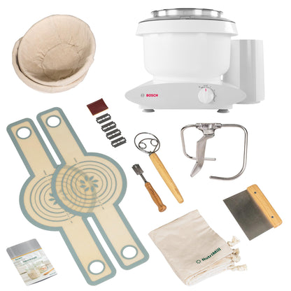 Bosch Universal Plus Stand Mixer with Sourdough Bundle Pack 500 Watt, 6.5 Quarts with Wire Whips, Dough Hook, NutriMill Dough Hook, and Sourdough Starter Bundle