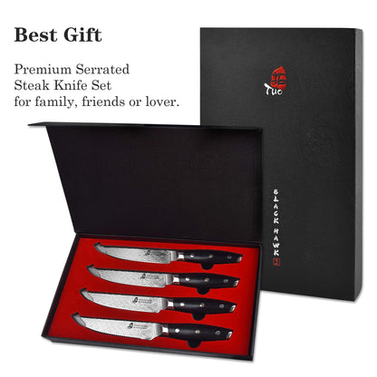 TUO Serrated Steak Set 5'' - Professional Kitchen Steak Knives Set of 4 - Triple Rivet Steak Knives G10 Full Tang Handle - BLACK HAWK S Series