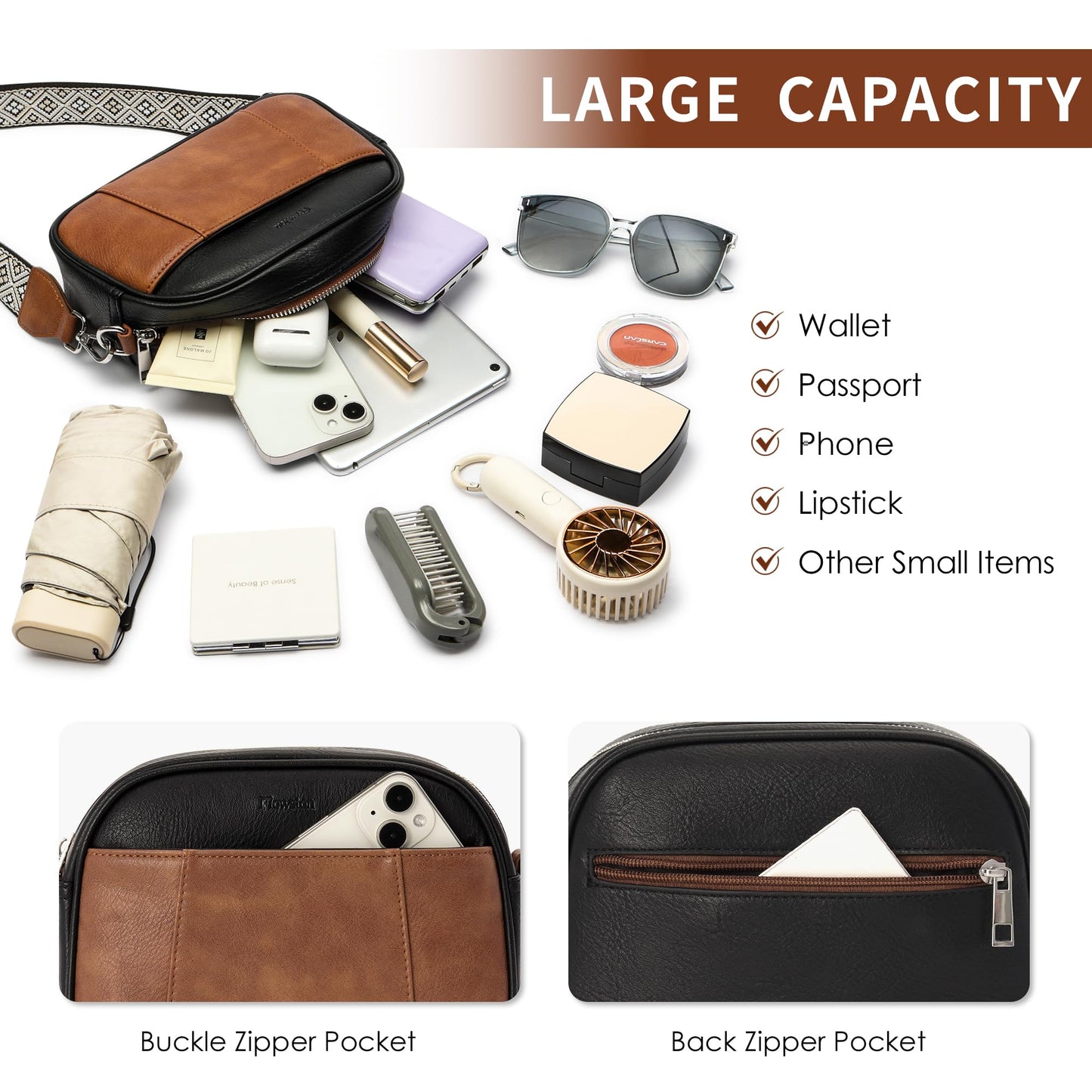 Flowston Leather Crossbody Bag with Adjustable Strap