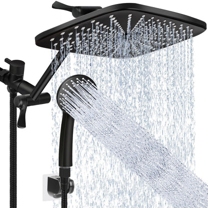Shower Head 12 Inch, High Pressure Rainfall Shower Head/Handheld Shower Combo with Extension Arm, 6 Settings Anti-leak Shower Head with Holder, Hose, Height Adjustable Dual Shower Head, Matte Black