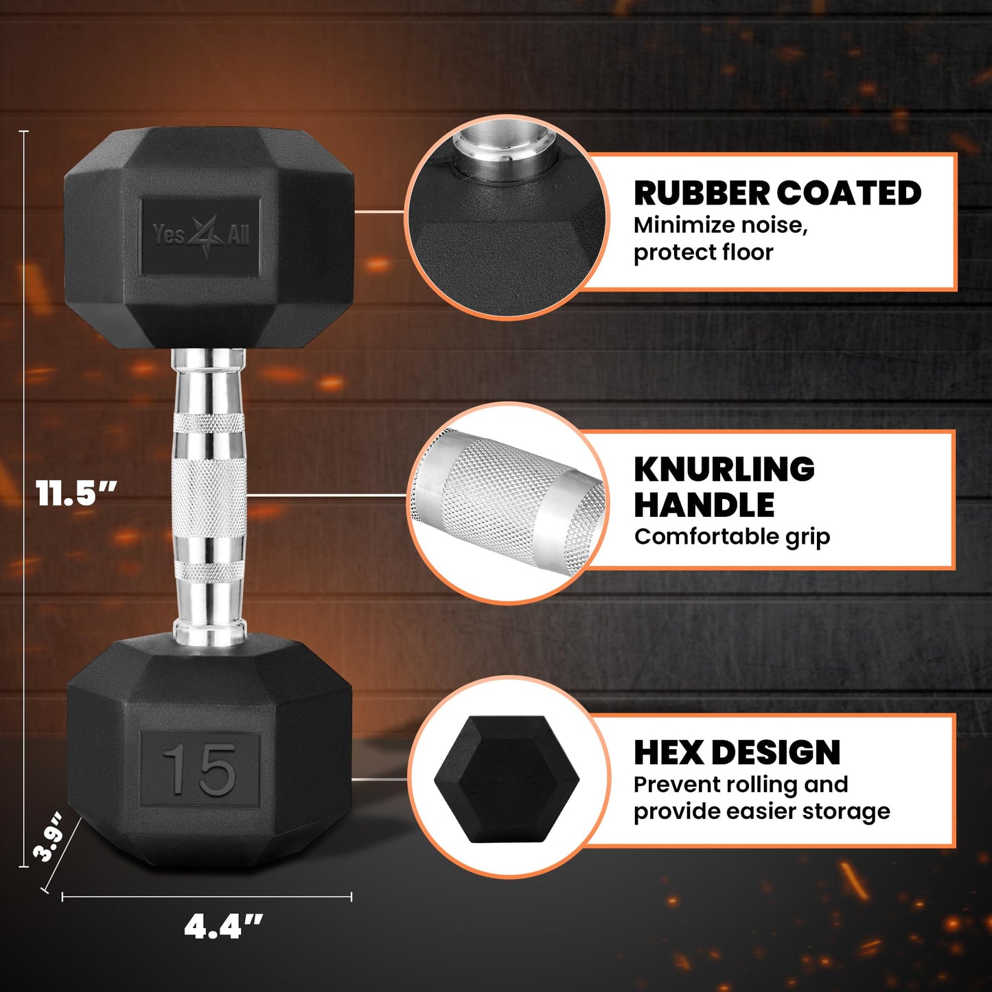 15 lbs Hex Dumbbell - Yes4All Cast Iron