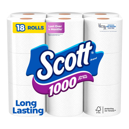 Scott 1000 Toilet Paper, 18 Rolls, Septic-Safe