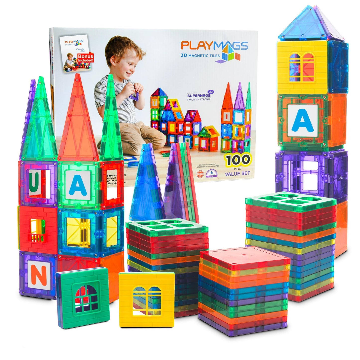 Playmags 100-Piece Magnetic Building Tiles Set
