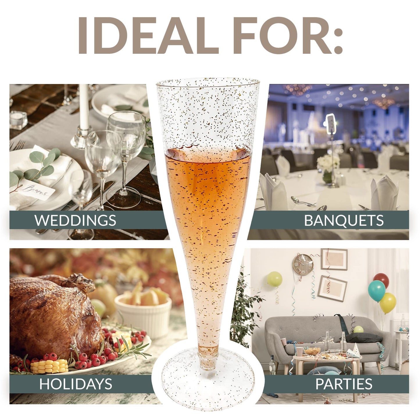 Reli. (100 Bulk Pack Gold Glitter Plastic Champagne Flutes 4.5 Oz | Clear Plastic Champagne Glasses/Flutes | Disposable, BPA-Free, Shatterproof | Perfect for Mimosa, Cocktail, Wedding, Party Toasting