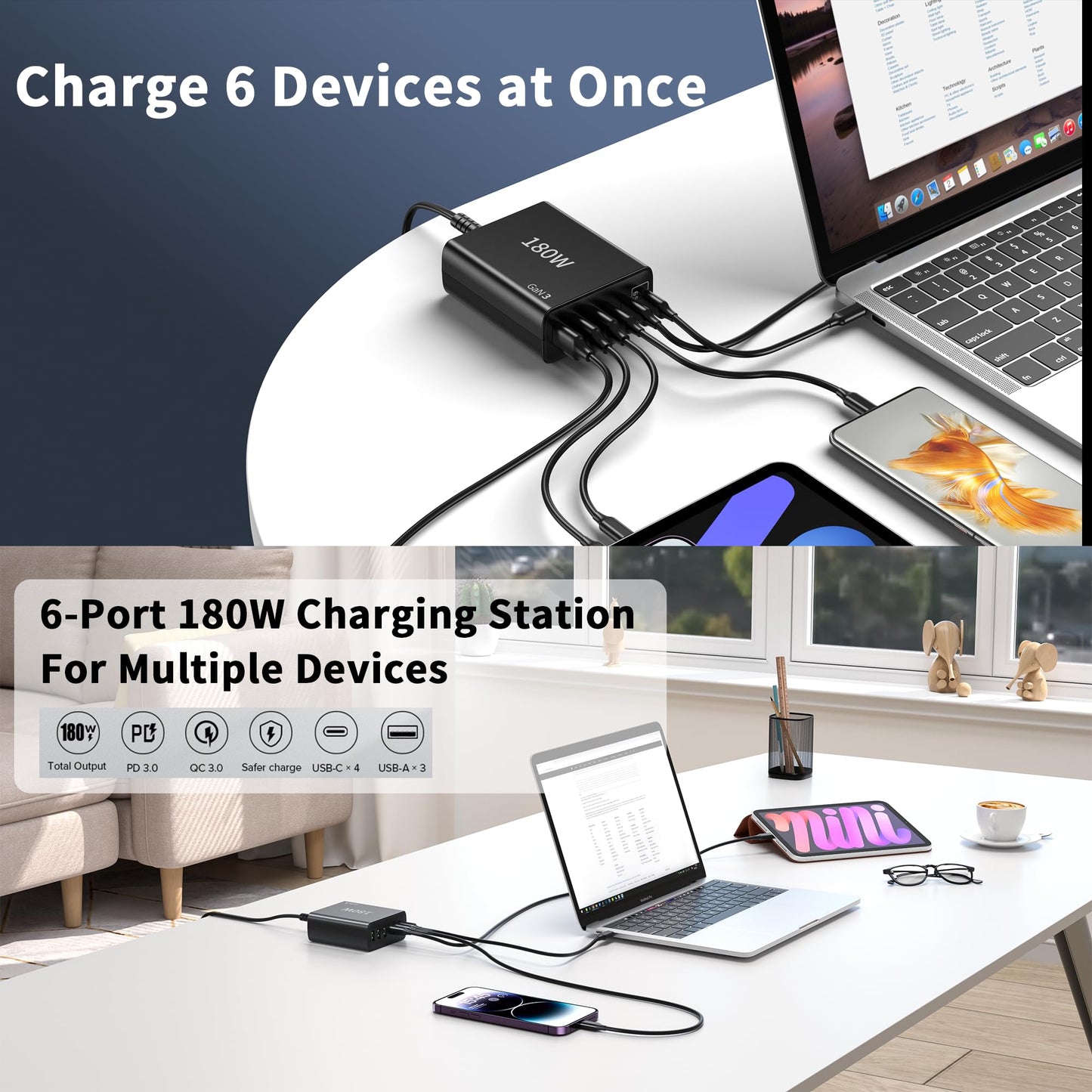 USB C Fast Charger 180W 6 Port GaN3 USB C Charger Compatible with Laptop,ipad, iPhone 14 13 12 11 Pro Max Fast Charging Blocks Pixel Note Galaxy MacBook Pro/Air USB C Charger Block Sumsung Android