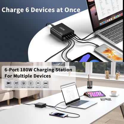 USB C Fast Charger 180W 6 Port GaN3 USB C Charger Compatible with Laptop,ipad, iPhone 14 13 12 11 Pro Max Fast Charging Blocks Pixel Note Galaxy MacBook Pro/Air USB C Charger Block Sumsung Android