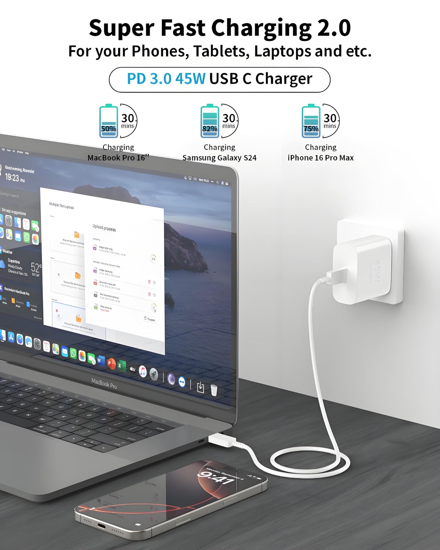 Belcompany 45W USB C Charger with 10ft Cable
