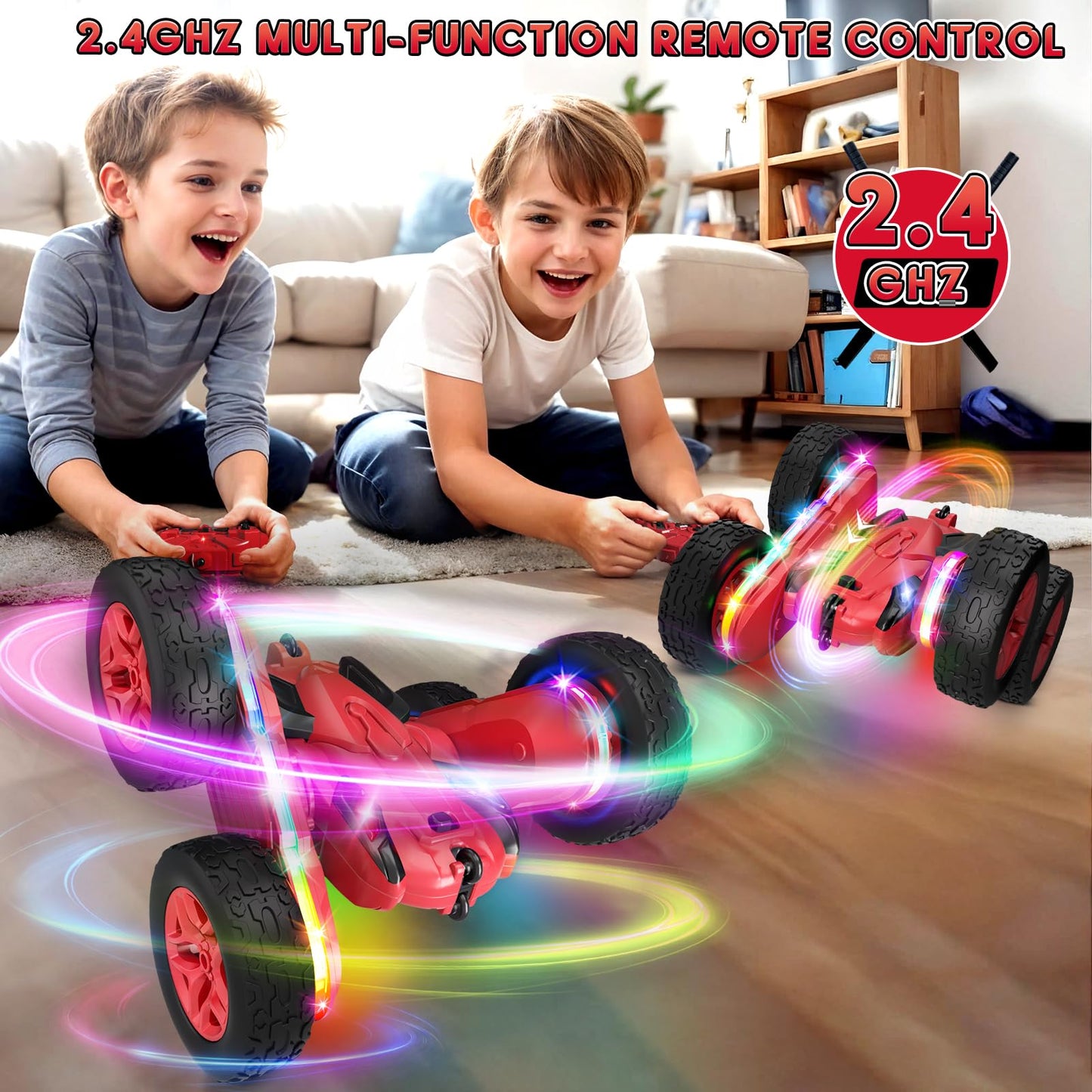 Jimdella Remote Control Car,RC Cars with Sides Light Strip and Headlights,Double Sided 360 Flips Rotating RC Stunt Car,2.4Ghz All Terrain Toys for Ages 5-7 Kids Toy for Boys Girls Birthday Gift(Red)