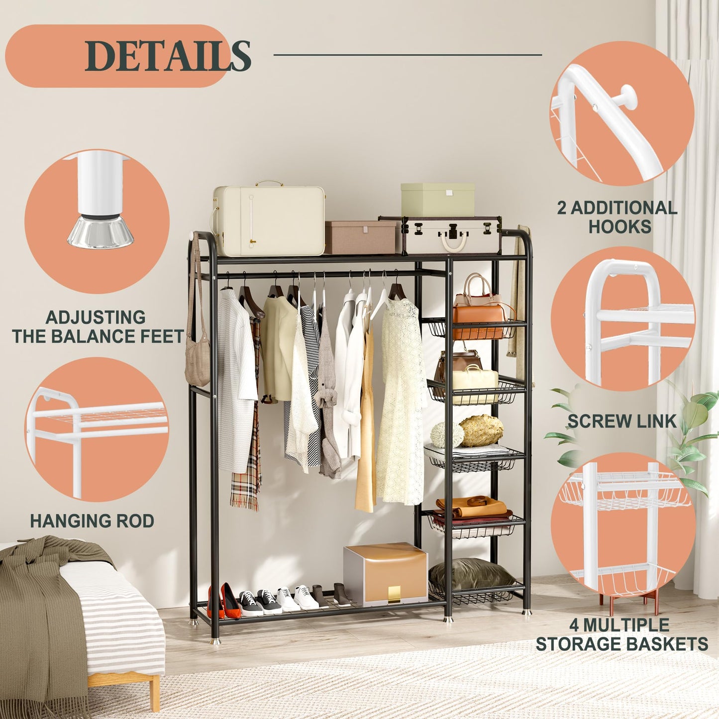 Portable Clothing Rack with Baskets and Shelves