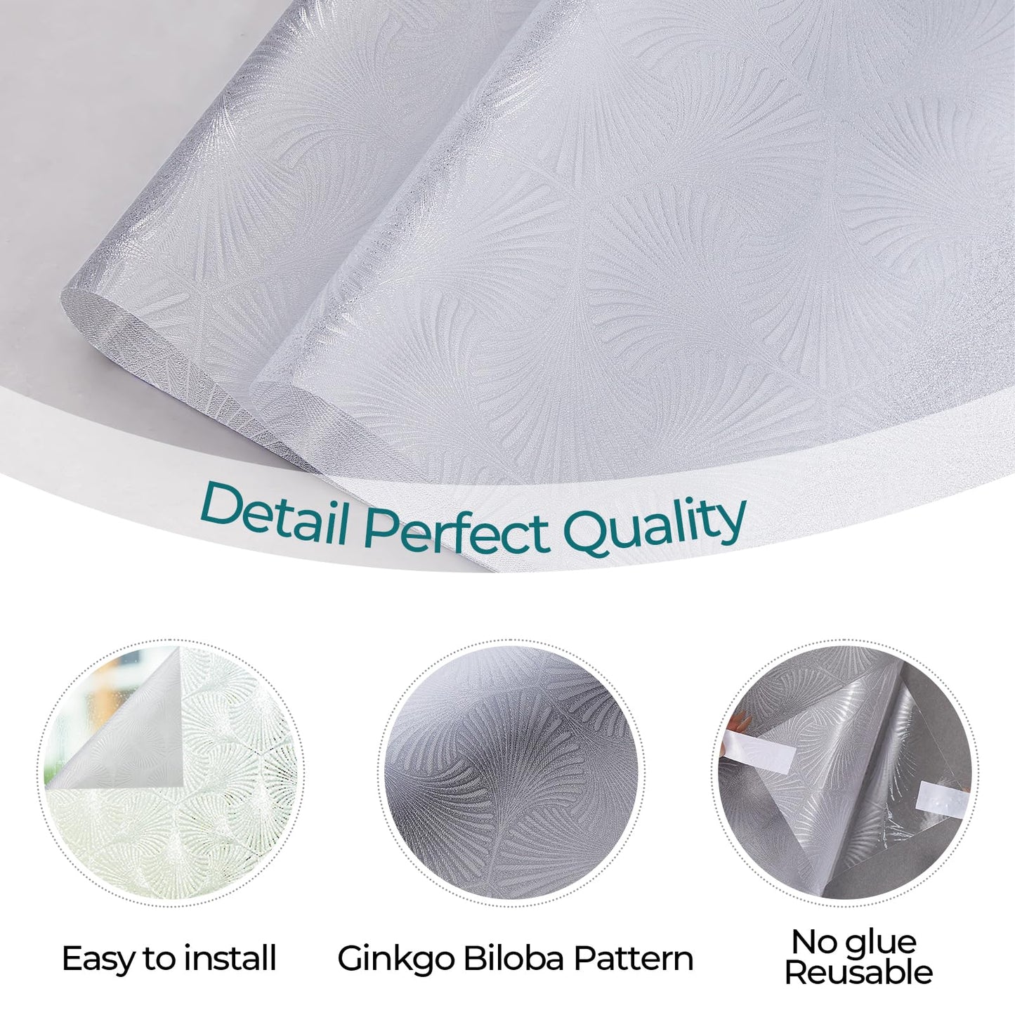Windimiley Privacy Window Film Frosted Glass Window Cling Bathroom Peel and Stick Sun Blocking Decorative Ginkgo Opaque Door Window Tint for Home，17.4x78.7in