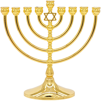 The Dreidel Company Menorah with Traditional Star Antique Gold Finish, Full Size 7" Inch