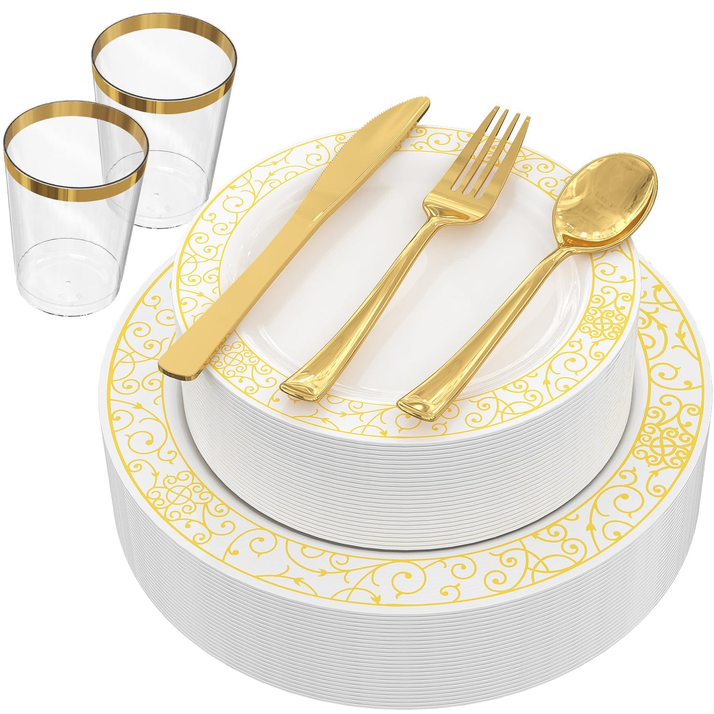 Plastic Plates, GreenElevate 150 Pieces Disposable Plates Plastic Dinnerware Set for 25 Guests: 25 Dinner Plates, 25 Dessert Plates, 25 Forks, 25 Spoons, 25 Knives, 25 Cups, Gold Party Plates