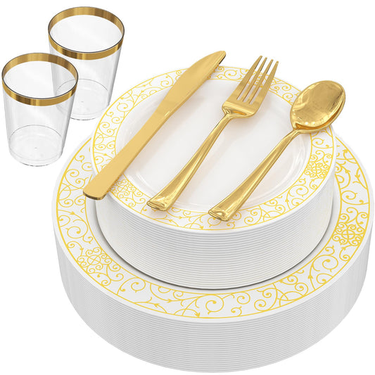 GreenElevate Plastic Plates, 150 Pieces Disposable Plates Plastic Dinnerware Set for 25 Guests: 25 Dinner Plates, 25 Dessert Plates, 25 Forks, 25 Spoons, 25 Knives, 25 Cups, Gold Party Plates