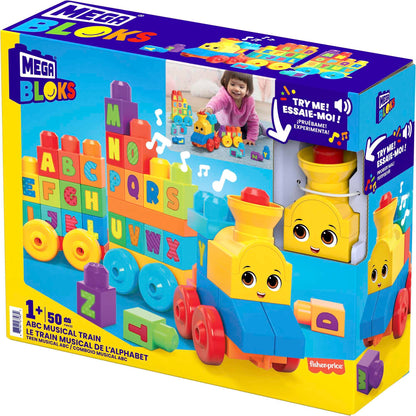 MEGA BLOKS First Builders Toddler Building Blocks Toy Set, ABC Musical Train with 50 Pieces, Music and Sounds, Ages 1+ Years