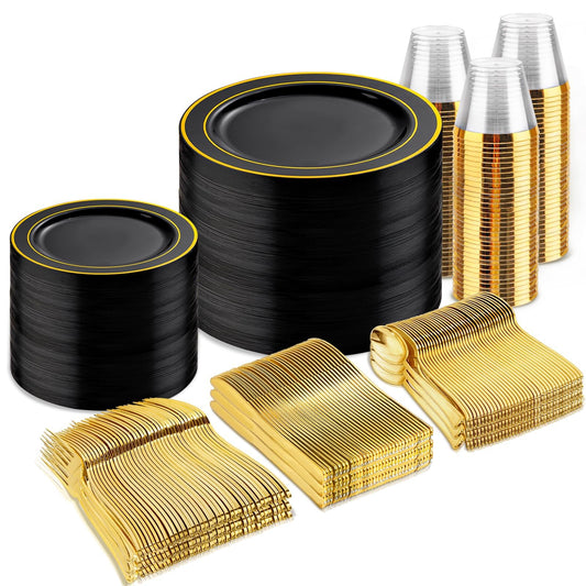 600PCS Black & Gold Disposable Dinnerware Set